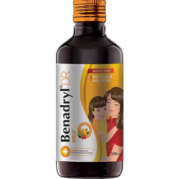 Benadryl DR Kids Syrup Mixed fruit flavour Alcohol Free